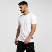 Man wearing Iconic Streetwear T-shirt CR720 in white, featuring minimal design, ideal for bold urban fashion. Streetwear t-shirt for men.