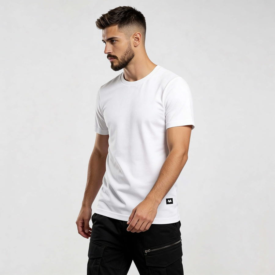 Man wearing Iconic Streetwear T-shirt CR720 in white, featuring minimal design, ideal for bold urban fashion. Streetwear t-shirt for men.