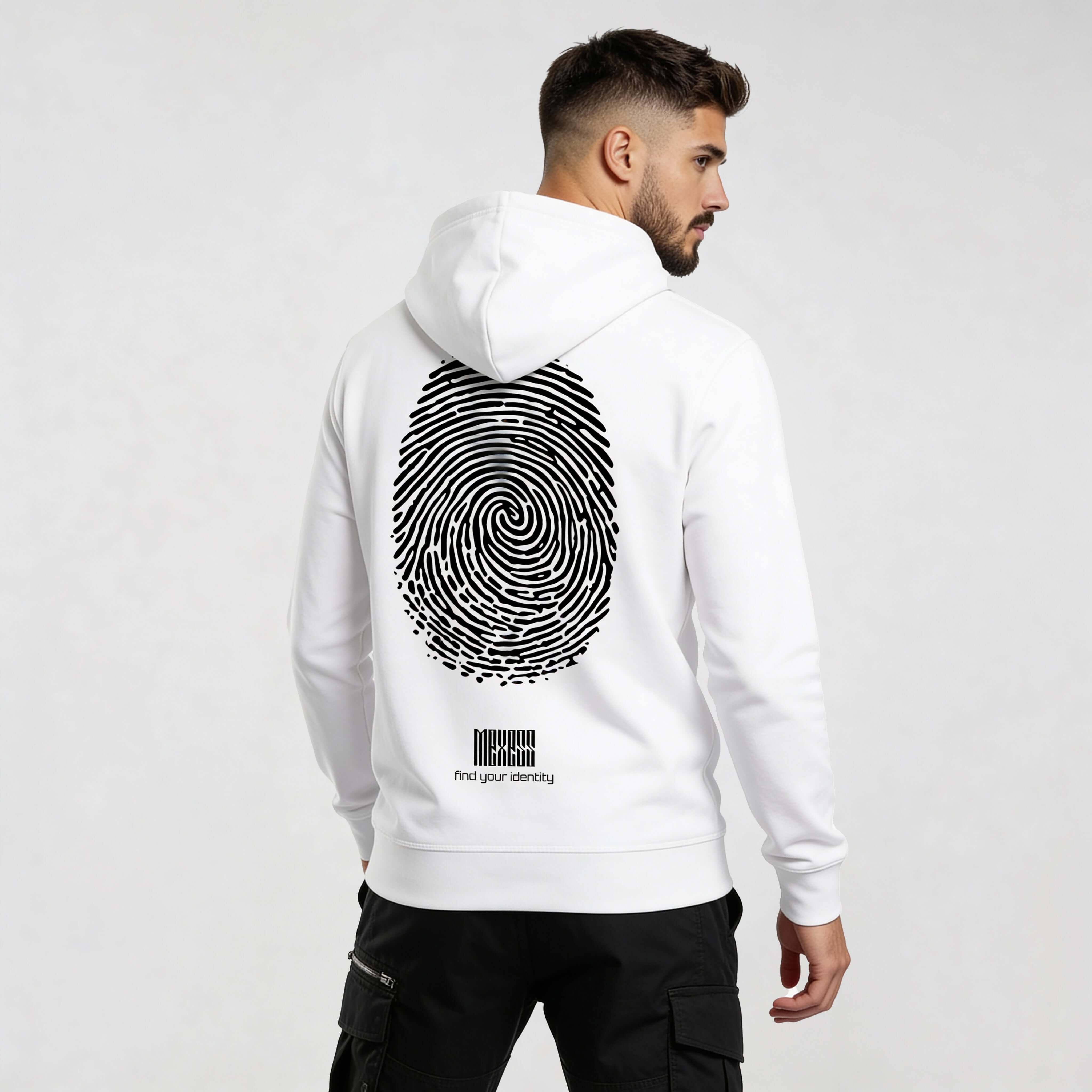 Model wearing white streetwear hoodie with bold fingerprint graphic on back. Iconic design by MEXESS for modern style statement.