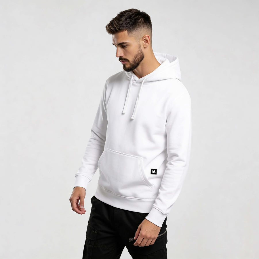 Model wearing Iconic Streetwear Hoodie DR721, a MEXESS design with minimal front and expressive back, perfect for modern streetwear style.