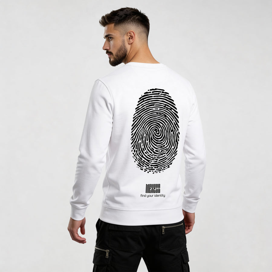 Man wearing iconic streetwear sweatshirt RO721 with bold fingerprint graphic, designed for modern urban lifestyle.