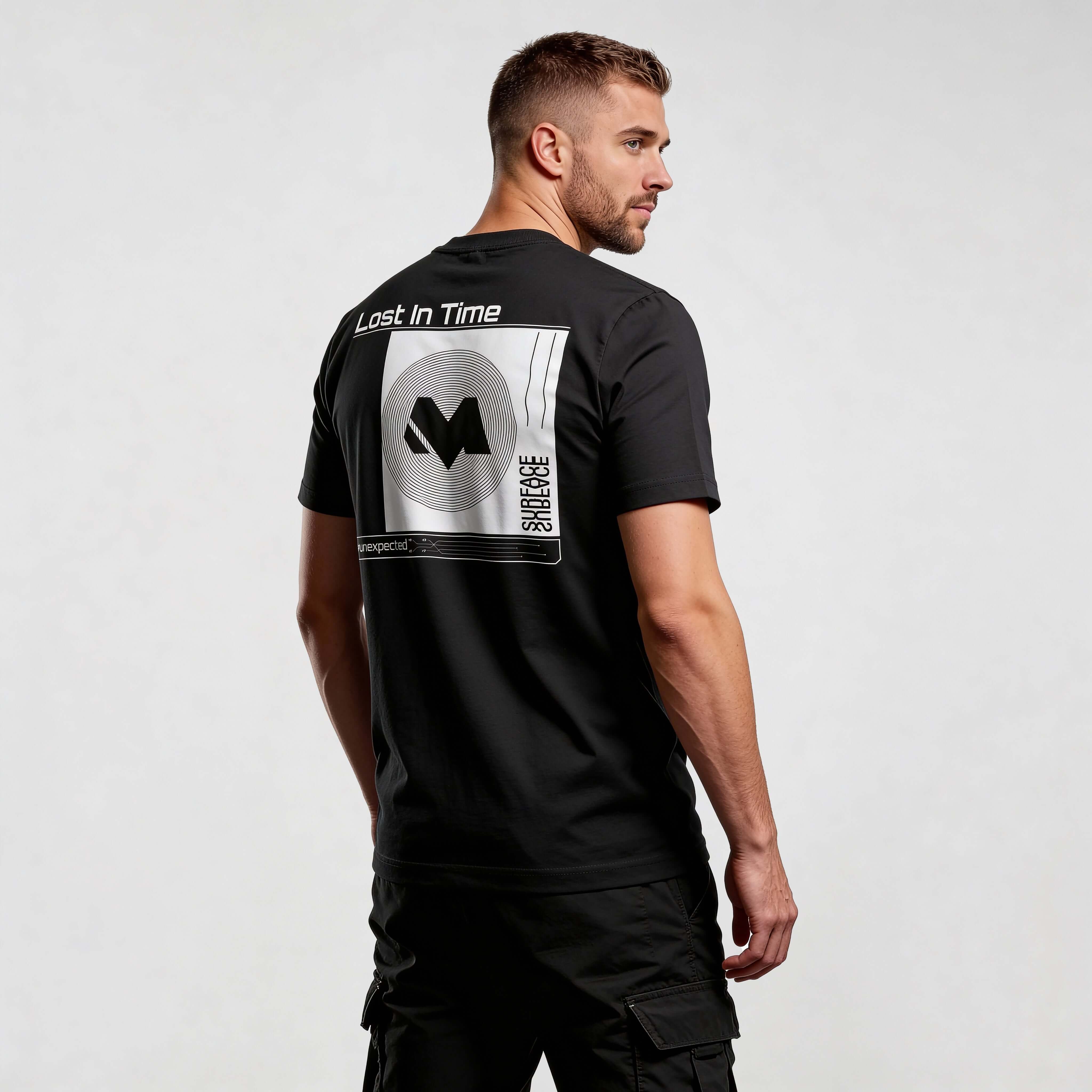 Back view of MEXESS iconic streetwear t-shirt CR722 in black, showcasing unique design on premium organic cotton.