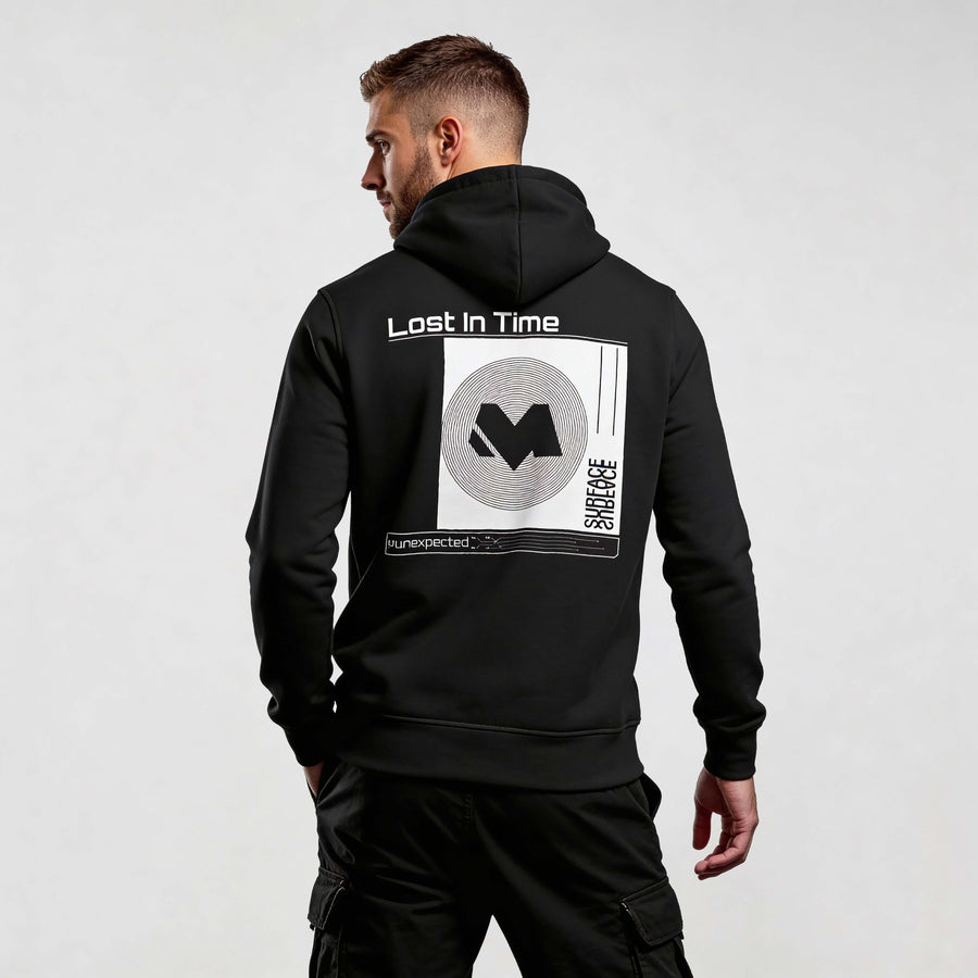 streetwear hoodie Iconic Streetwear Hoodie DR719 black MEXESS with "Lost in Time" back graphic, futuristic minimalist style