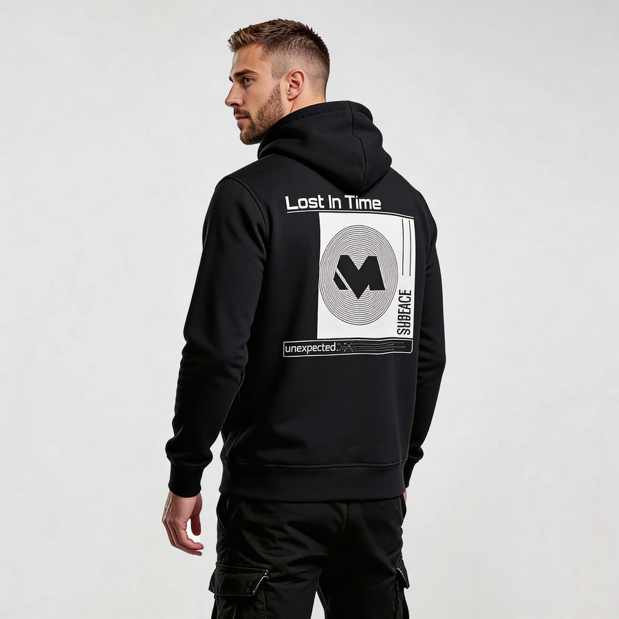 Alt Tag: streetwear hoodie Iconic Streetwear Hoodie DR719 MEXESS black pullover with futuristic back graphic, rear view