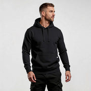 Alt Tag: streetwear hoodie Iconic Streetwear Hoodie DR719 by MEXESS, black premium men's pullover with minimalist design