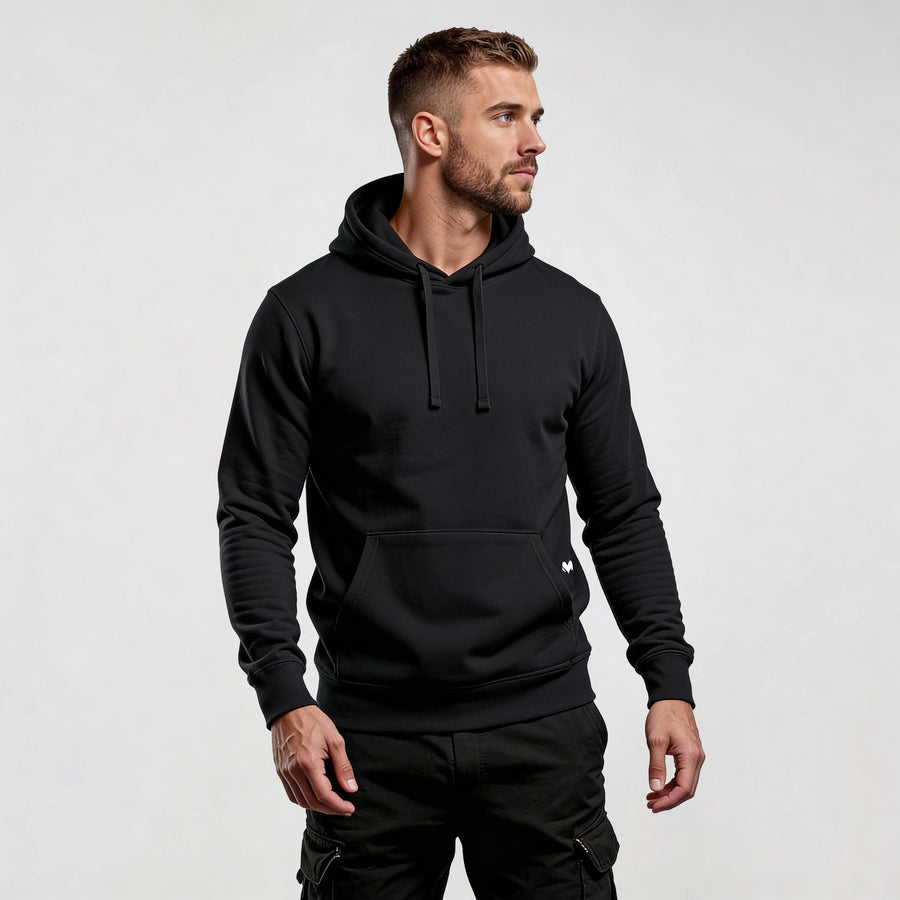 Alt Tag: streetwear hoodie Iconic Streetwear Hoodie DR719 by MEXESS, black premium men's pullover with minimalist design