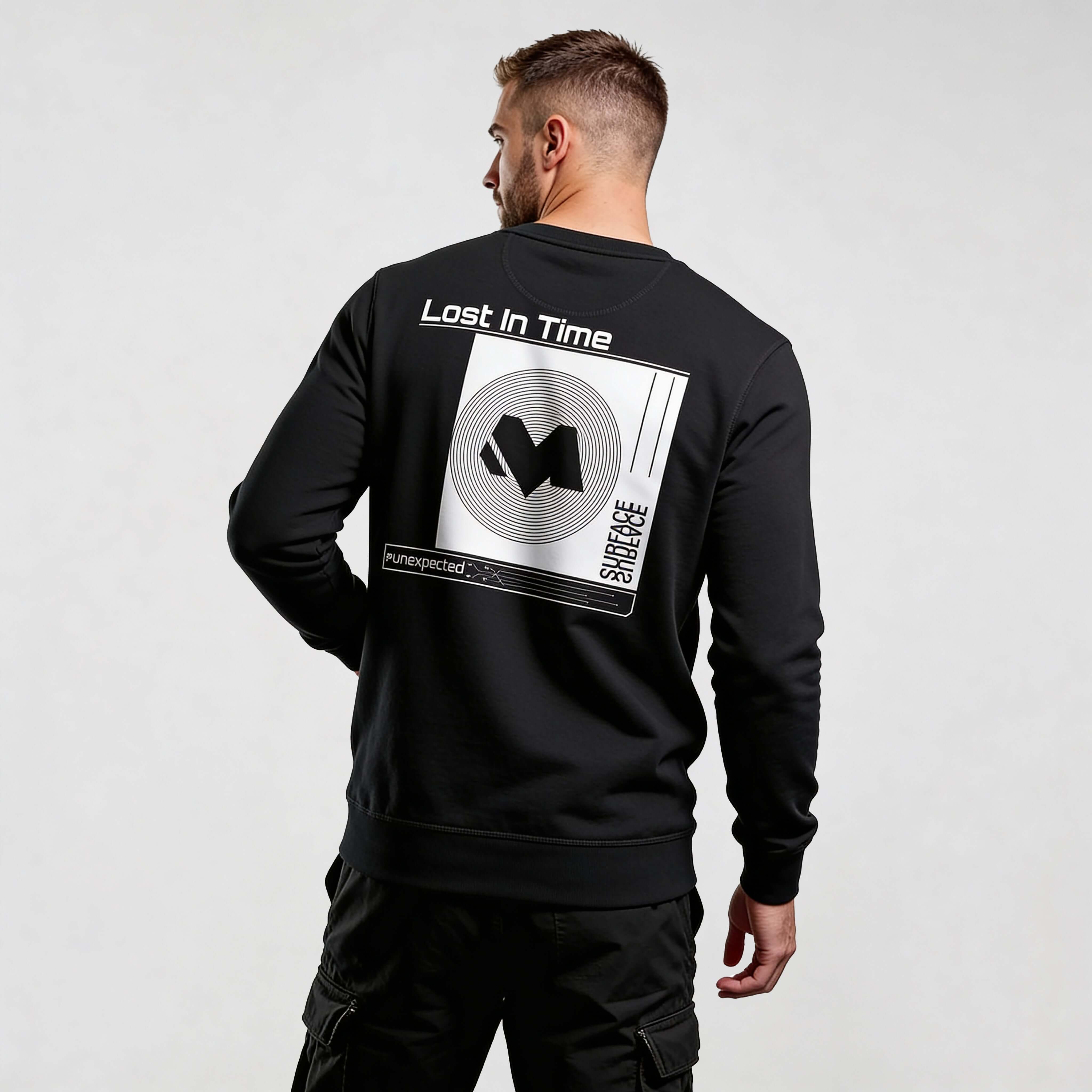 Alt Tag: streetwear sweatshirt Iconic Streetwear Sweatshirt RO722 black back view with bold graphic print, premium organic cotton