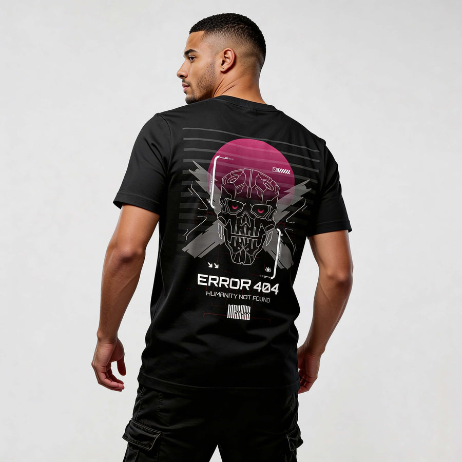 Alt Tag: streetwear t-shirt Iconic Streetwear T-shirt CR723 black organic cotton cyberpunk back graphic Error 404 skull design