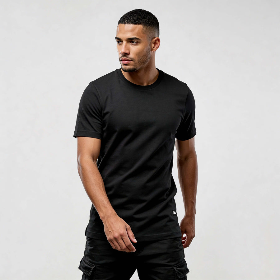 Alt Tag: streetwear t-shirt CR723 by MEXESS, black organic cotton tee front view on model, premium everyday comfort