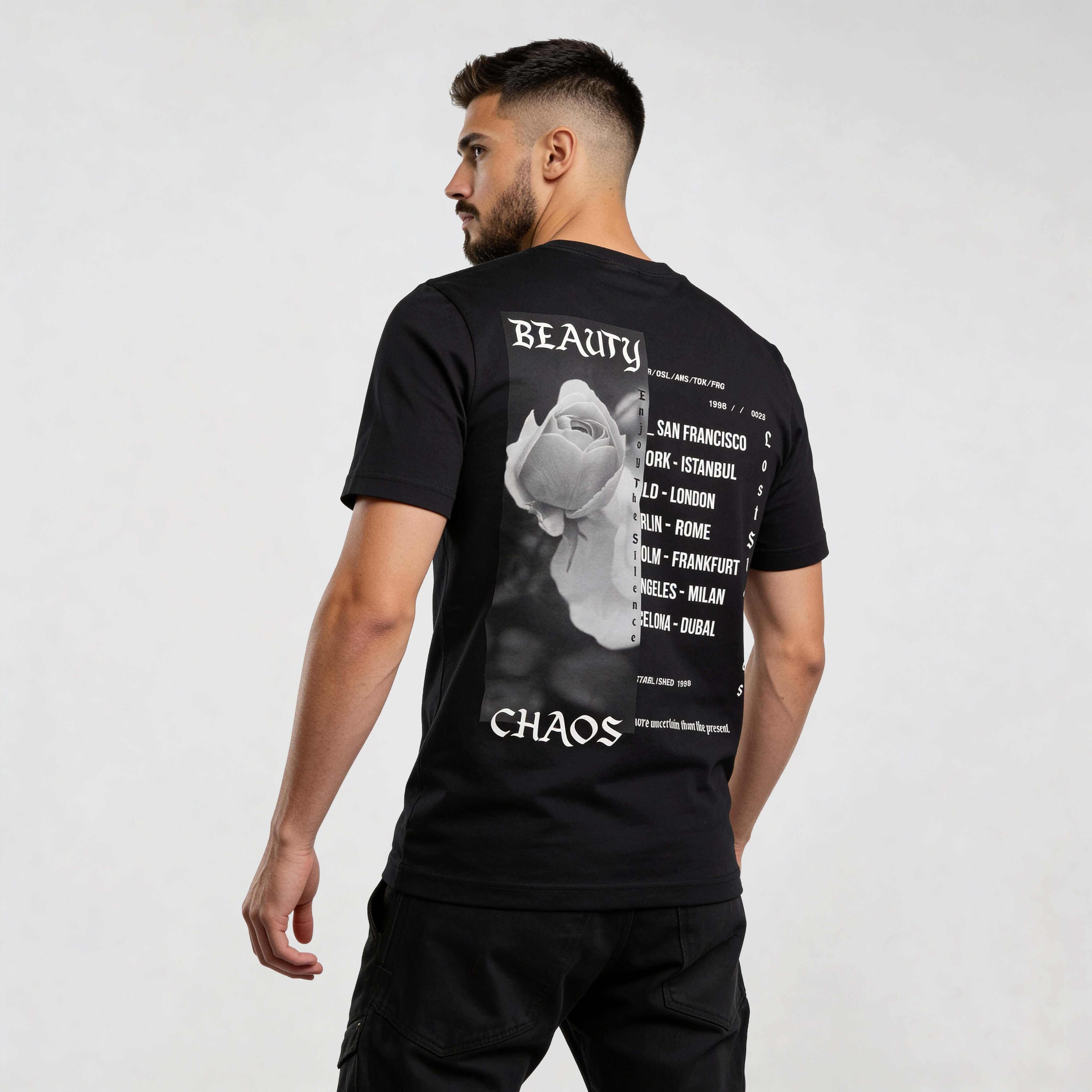 Alt Tag: streetwear t-shirt Iconic Streetwear T-shirt CR724 back view black tee with rose graphic and city list print