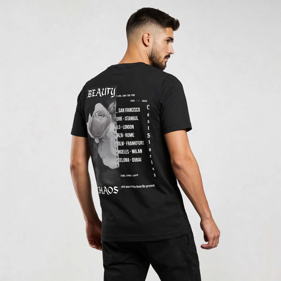 streetwear t-shirt CR724 black back view with graphic print, premium organic cotton minimalist urban style