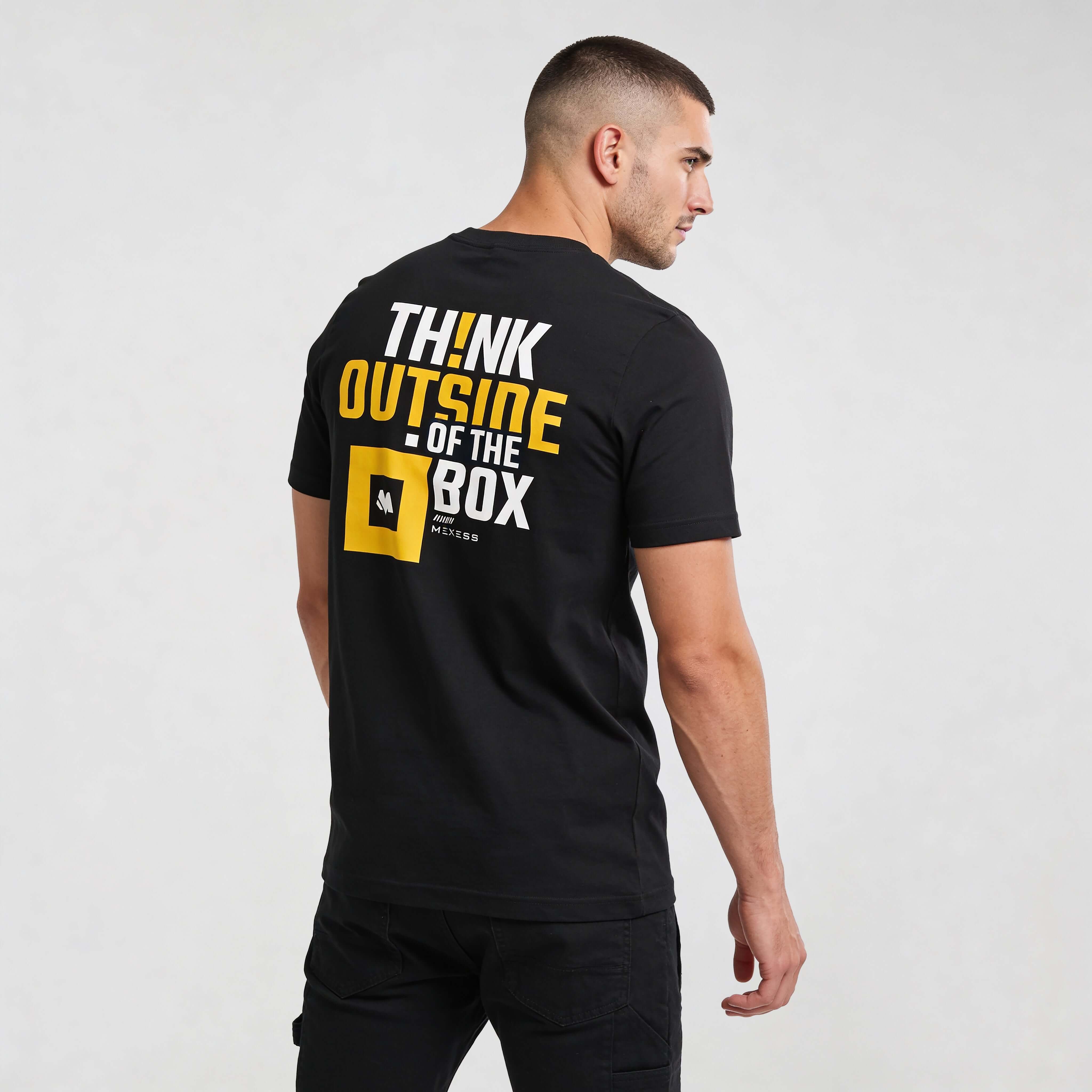 streetwear t-shirt Iconic Streetwear T-shirt CR725 back view black tee with THINK OUTSIDE OF THE BOX graphic for men