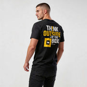 streetwear t-shirt CR725 black men’s tee back view with “Think Outside the Box” motivational graphic