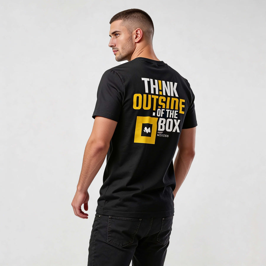 streetwear t-shirt CR725 black men’s tee back view with “Think Outside the Box” motivational graphic