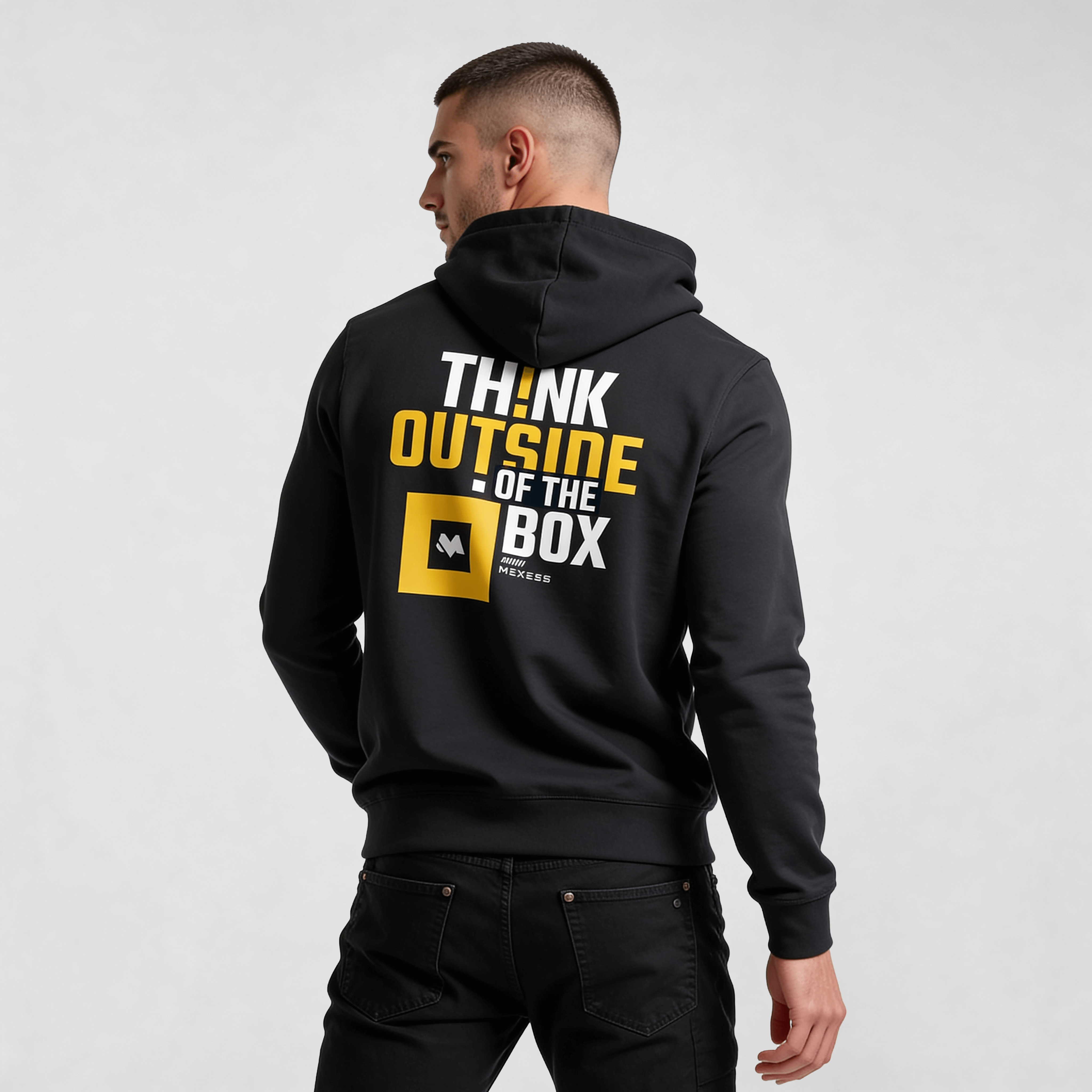 streetwear hoodie Iconic Streetwear Hoodie DR725 black men's hoodie back view with THINK OUTSIDE OF THE BOX graphic