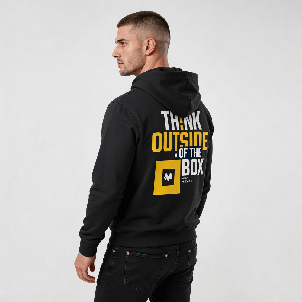 streetwear hoodie Iconic Streetwear Hoodie DR725 black mens hoodie back view THINK OUTSIDE THE BOX graphic