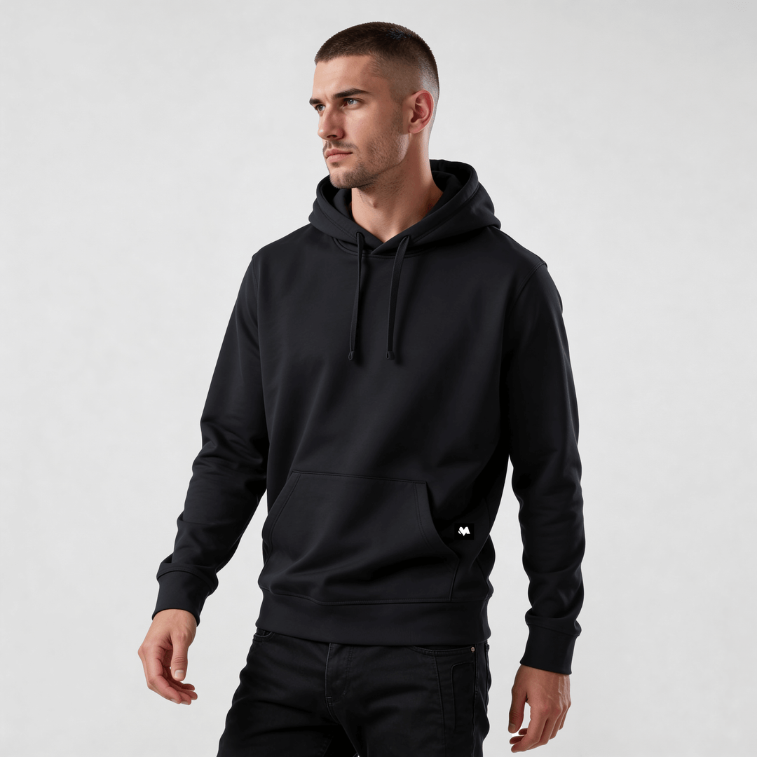 streetwear hoodie Iconic Streetwear Hoodie DR725 black men’s pullover with hood and front pocket, clean minimalist urban style