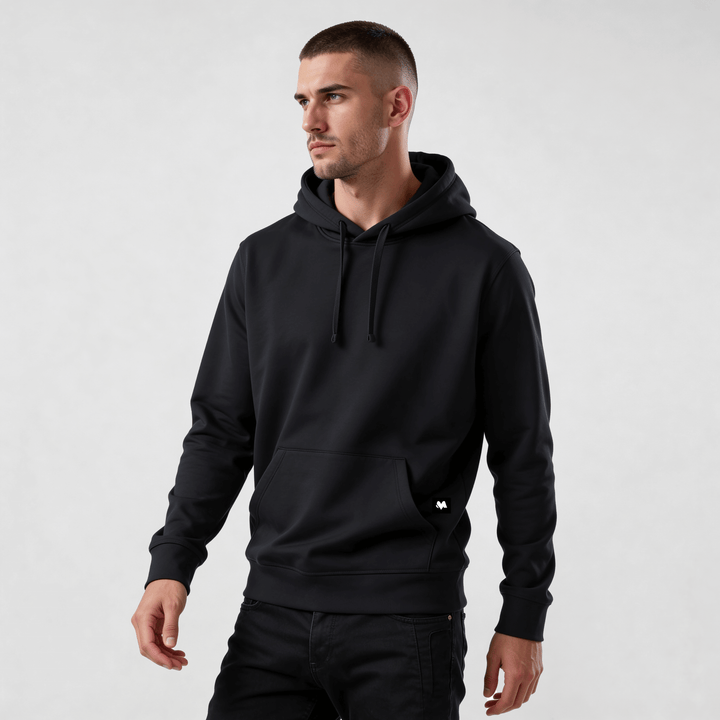 streetwear hoodie Iconic Streetwear Hoodie DR725 black men’s pullover with hood and front pocket, clean minimalist urban style
