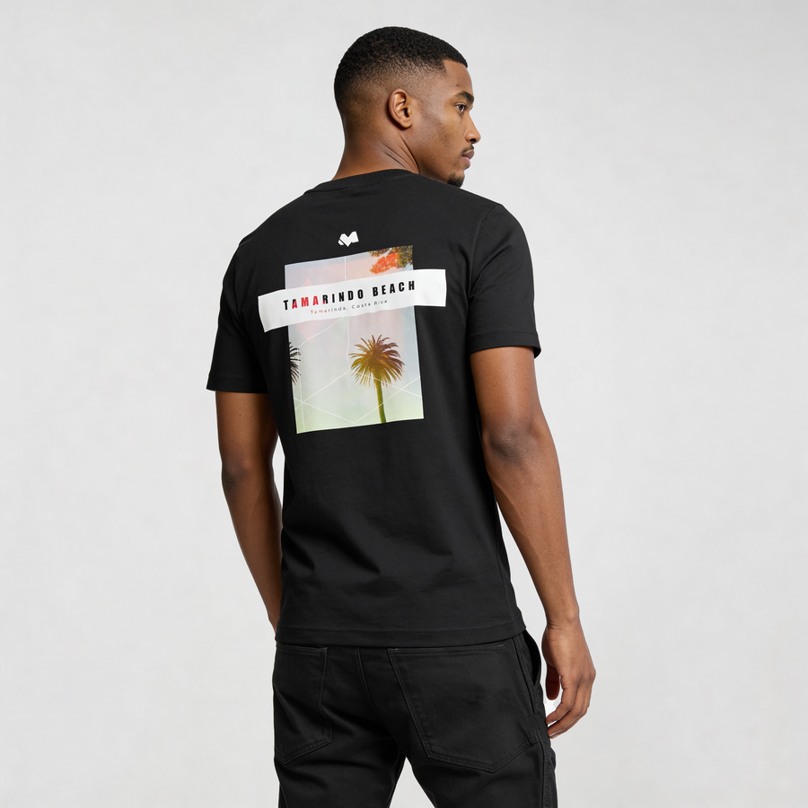 Back view of Tamarindo Beach graphic streetwear t-shirt CR726 black tee with palm print, premium organic cotton street style