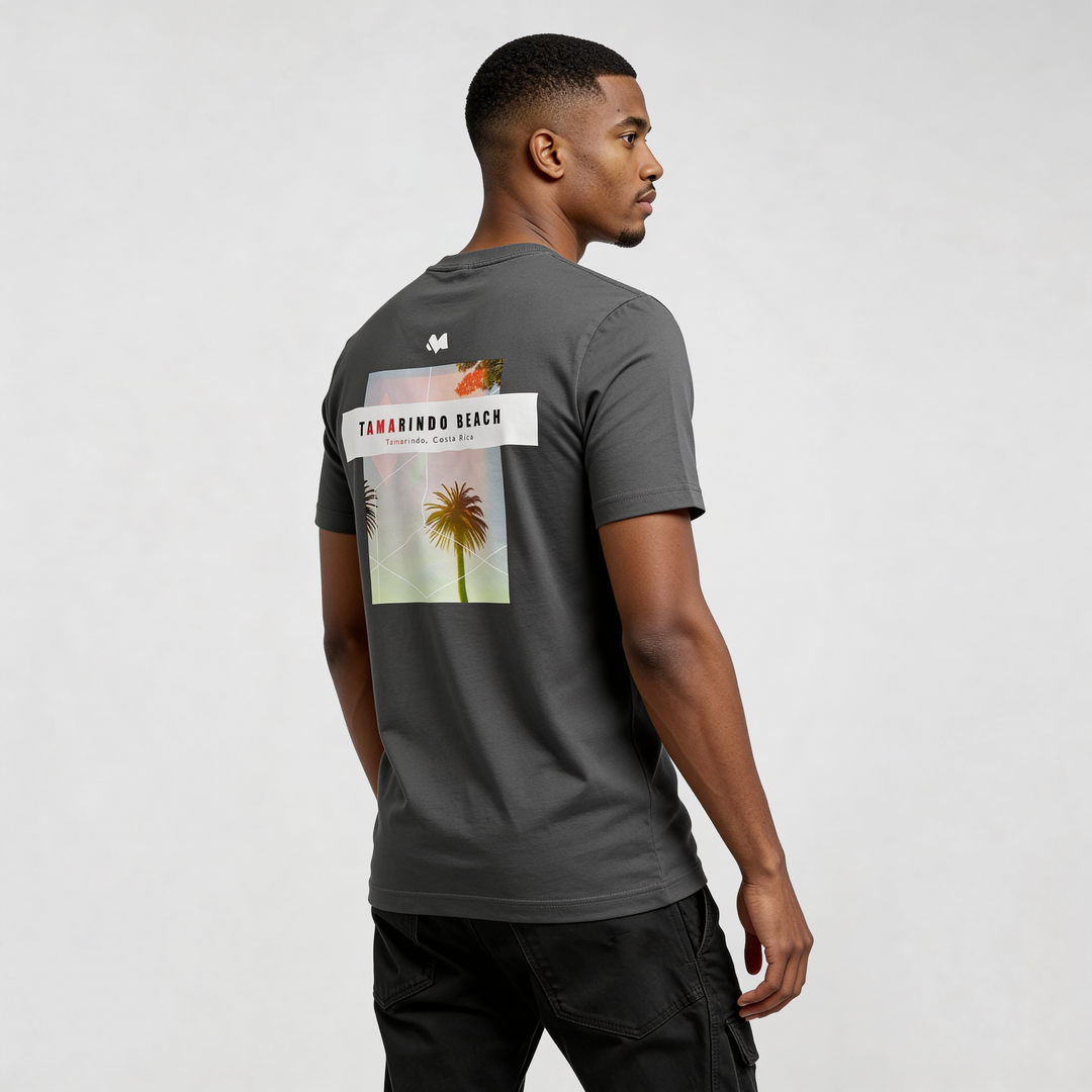 streetwear t-shirt Tamarindo Beach graphic tee CR726 back view, organic cotton streetwear shirt with palm print, dark gray