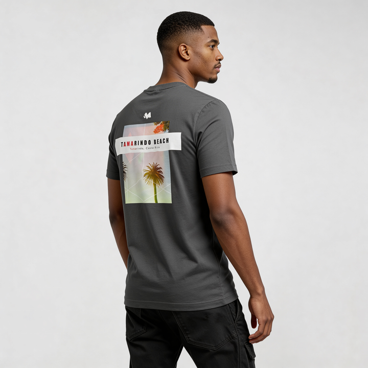 streetwear t-shirt Tamarindo Beach graphic tee CR726 back view, organic cotton streetwear shirt with palm print, dark gray