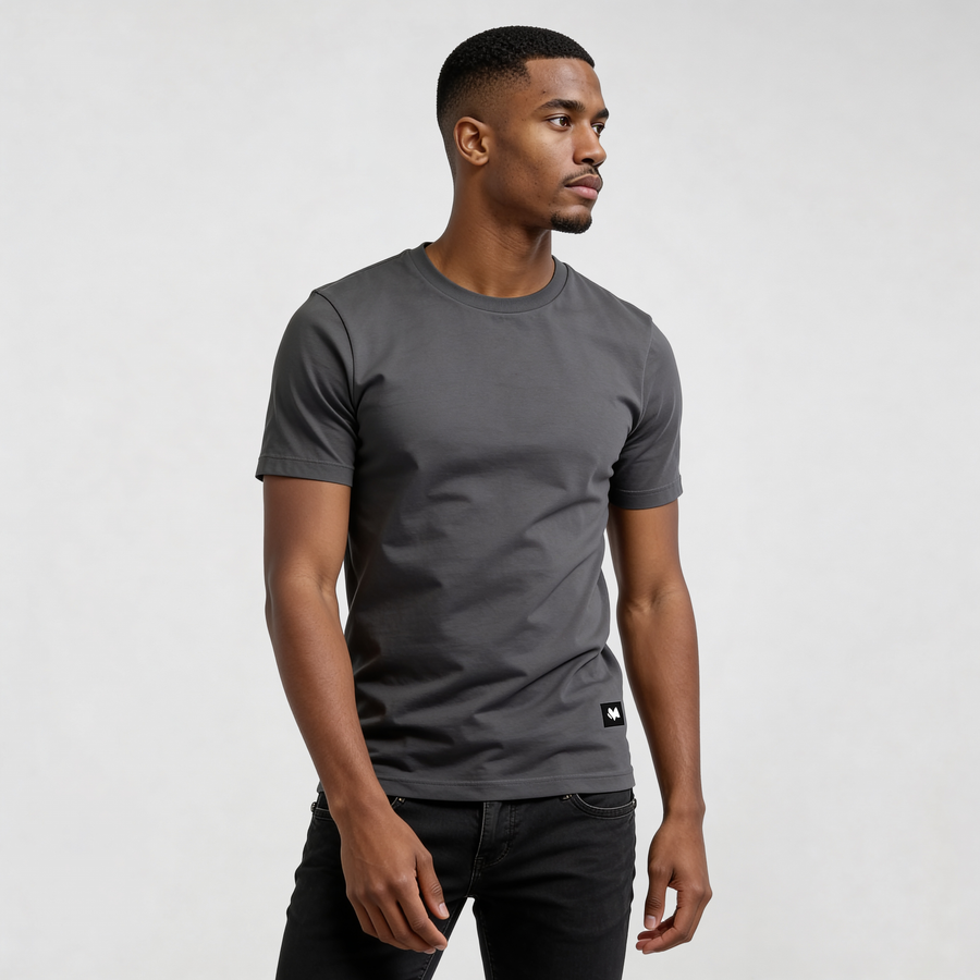 Alt Tag: streetwear t-shirt Tamarindo Beach CR726 premium organic cotton graphic tee in charcoal gray worn by male model