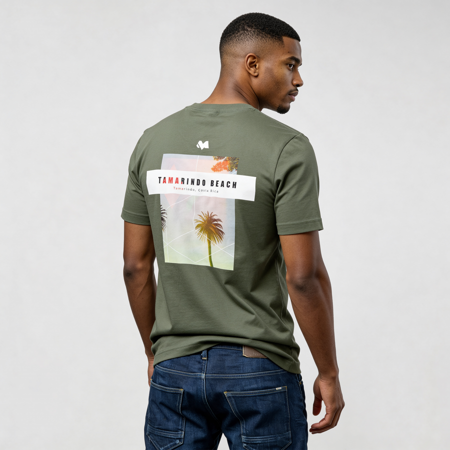 streetwear t-shirt Tamarindo Beach graphic tee CR726 back view on model, organic cotton premium streetwear T-shirt