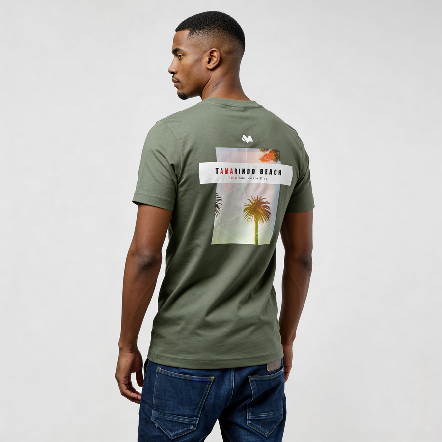 streetwear t-shirt Tamarindo Beach CR726 organic cotton graphic tee, back view green shirt with beach print