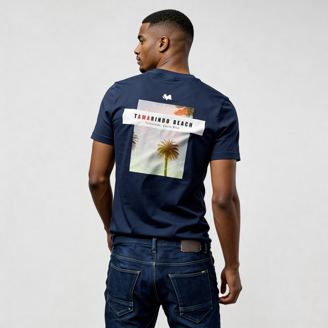 Tamarindo Beach streetwear t-shirt CR726 navy graphic tee back view with palm print, premium organic cotton travel-inspired design