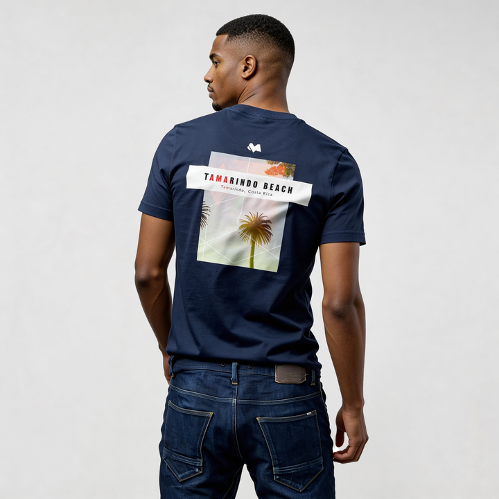 Tamarindo Beach streetwear t-shirt CR726 navy graphic tee back view with palm print, premium organic cotton travel-inspired design
