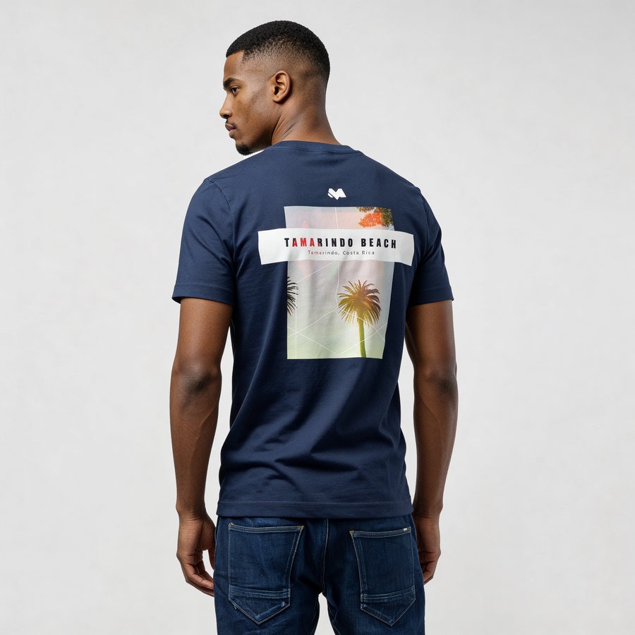 Alt Tag: Tamarindo Beach streetwear t-shirt CR726 navy graphic tee back view with tropical palm print