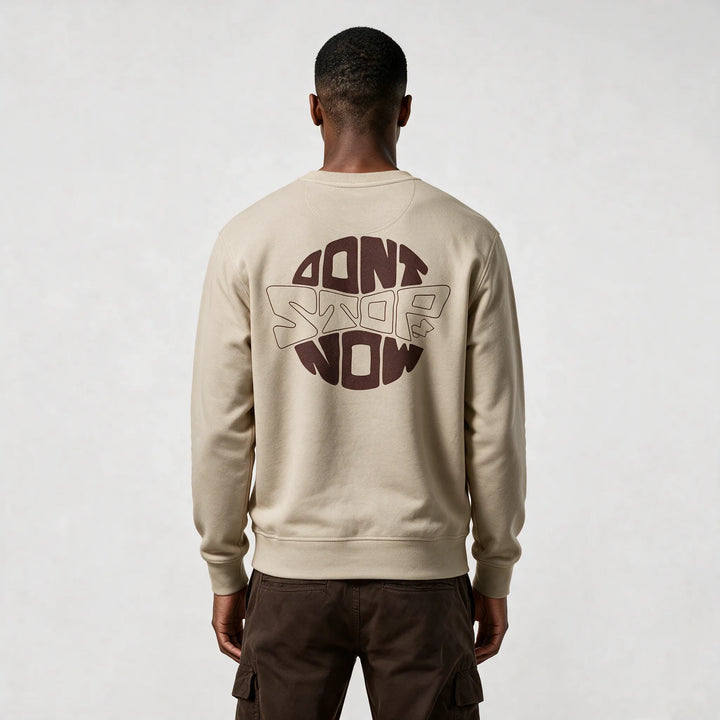 Back view of the beige organic cotton sweatshirt with the round DON&