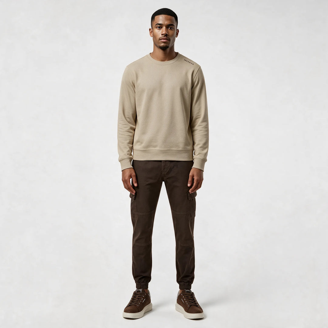Full-length front view of the beige organic cotton sweatshirt with a plain front