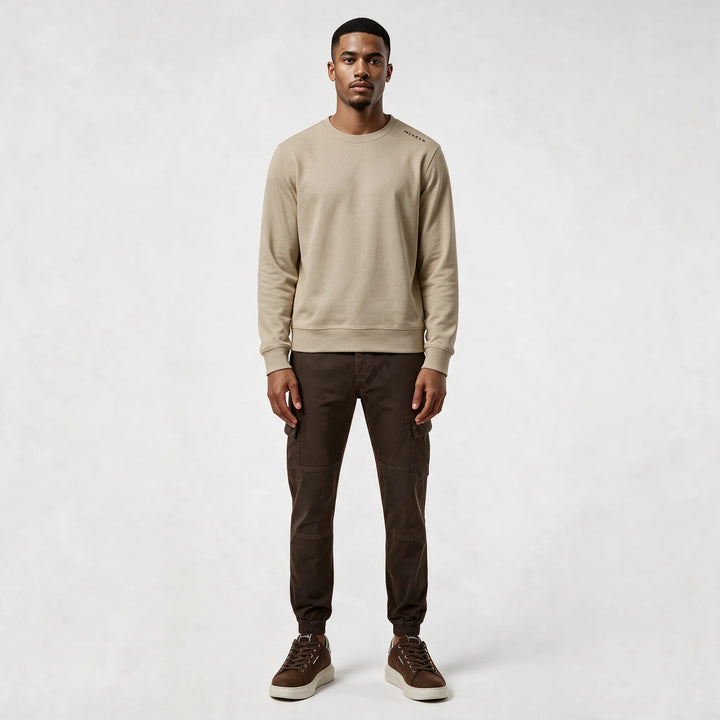 Full-length front view of the beige organic cotton sweatshirt with a plain front