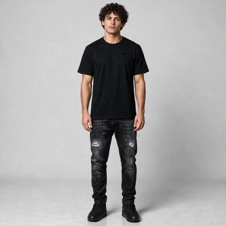 Full-length front view of the black t-shirt in a regular fit