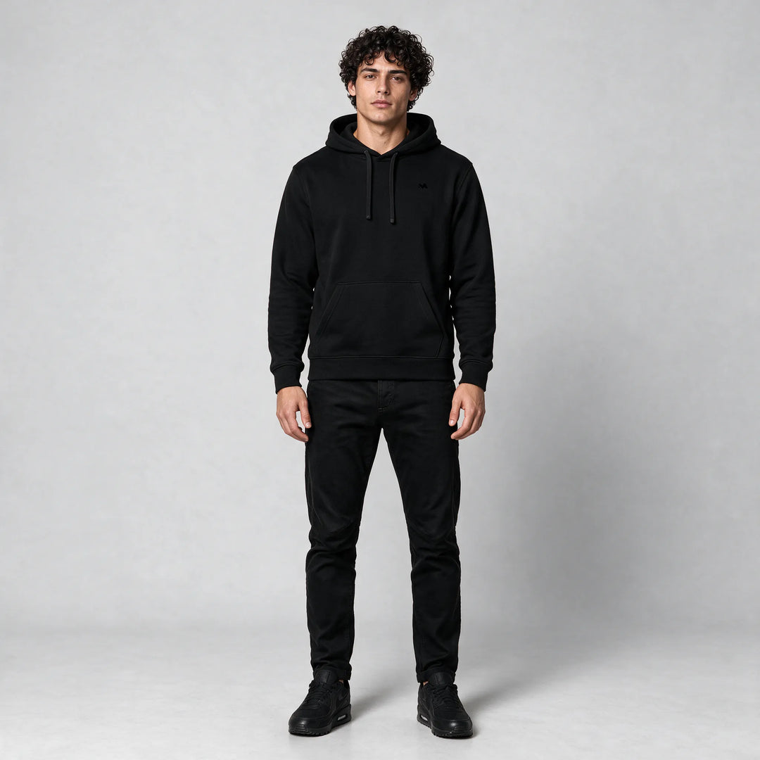 Full-length front view of the black hoodie