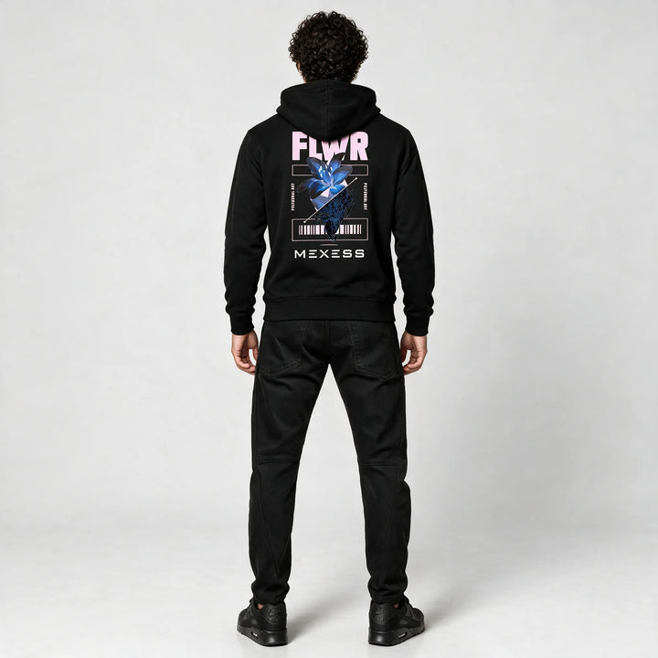 Full-length back view of the black hoodie with the flower print