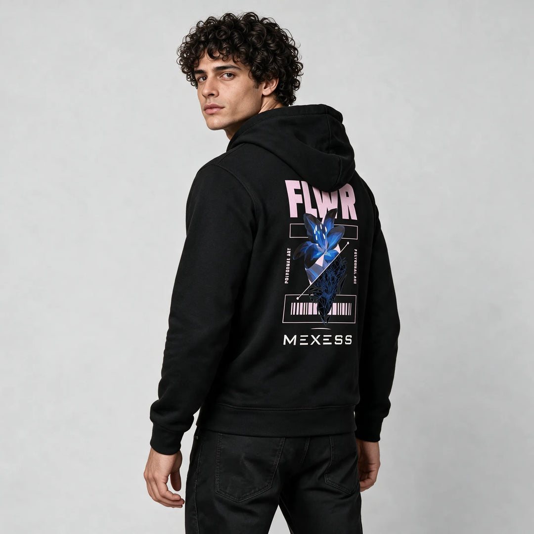 Black flower graphic hoodie for men, side-back view with blue polygonal flower print