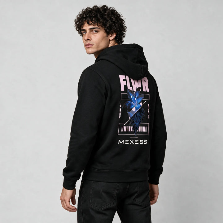Black flower graphic hoodie for men, side-back view with blue polygonal flower print