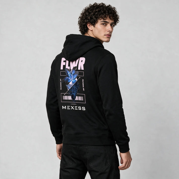 Back view of the black hoodie with pink FLWR lettering and blue flower