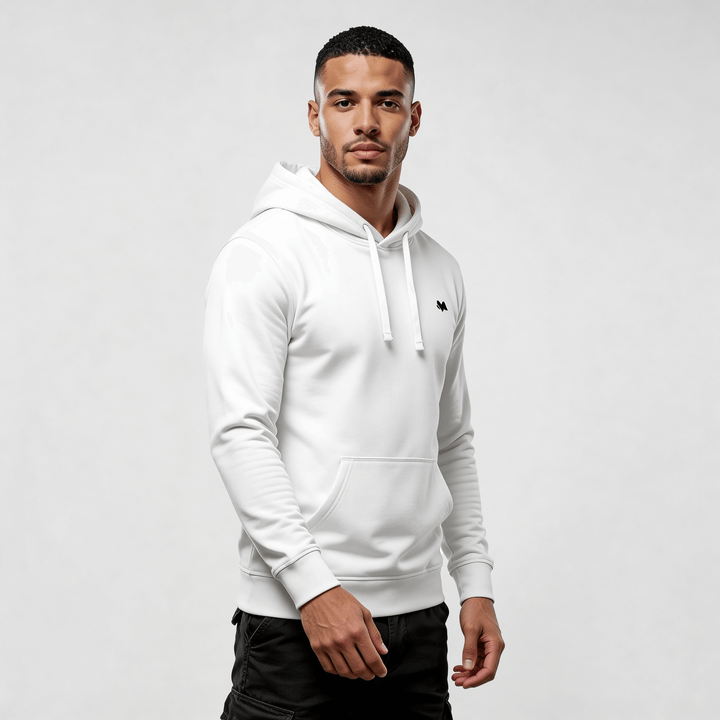Alt Tag: streetwear hoodie Iconic Streetwear Hoodie DR672 for men, white premium regular-fit pullover with drawstrings and kangaroo pocket