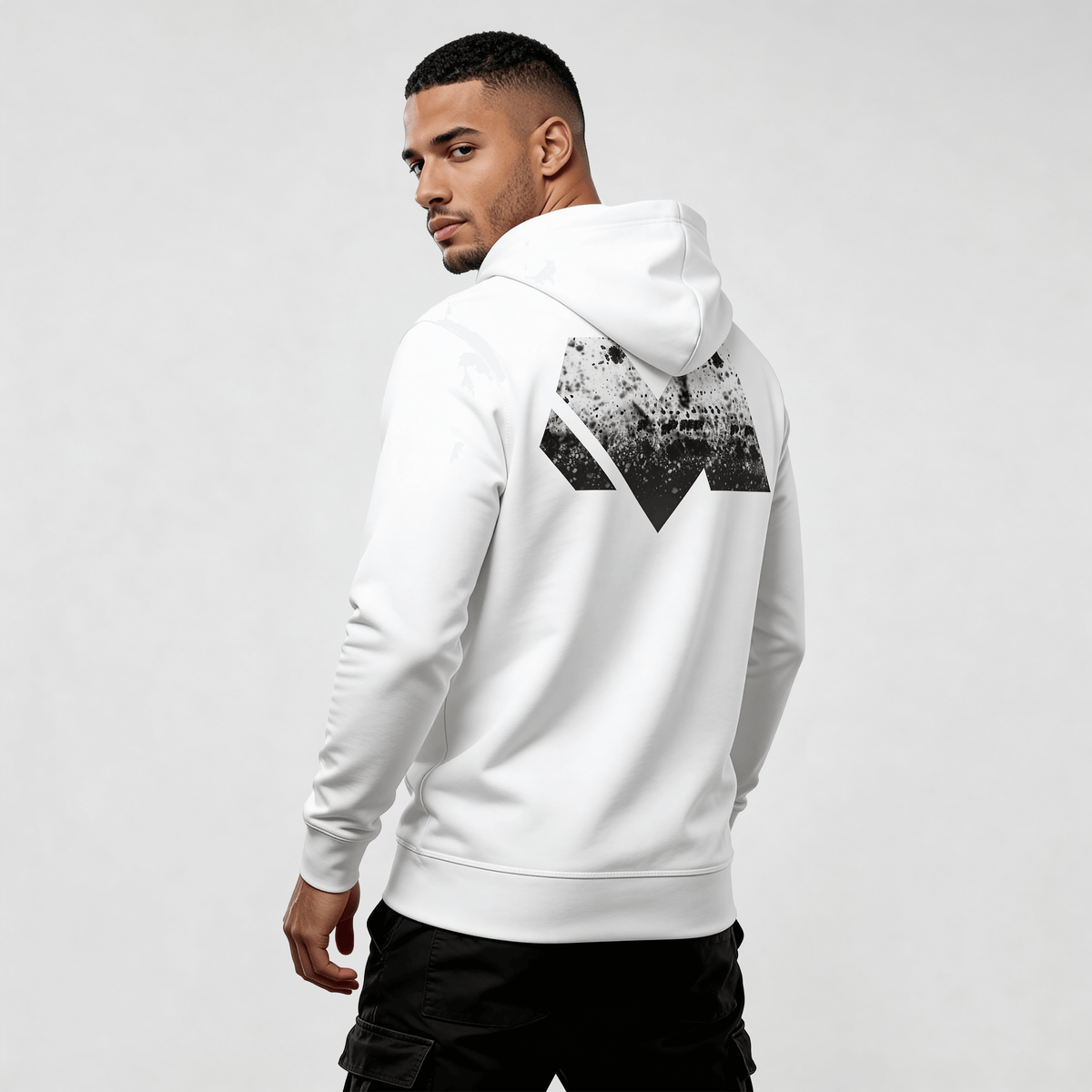 Alt Tag: streetwear hoodie Iconic Streetwear Hoodie DR672 white men’s back view with hood up and bold graphic print