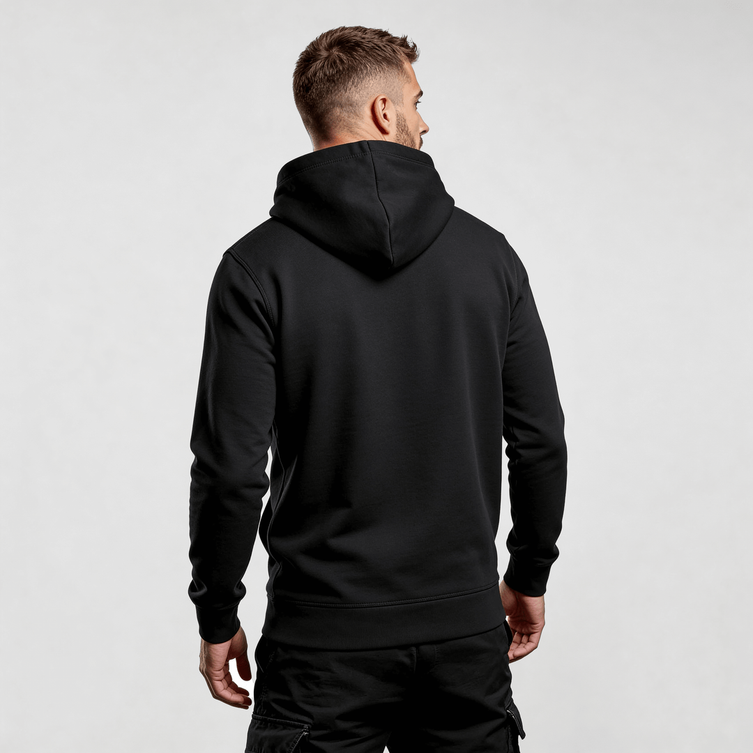 streetwear hoodie Iconic Streetwear Hoodie DR666 black regular fit men’s hoodie back view with hood up