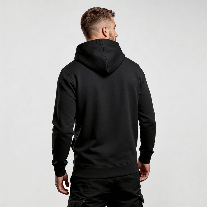 streetwear hoodie Iconic Streetwear Hoodie DR666 black regular fit men’s hoodie back view with hood up
