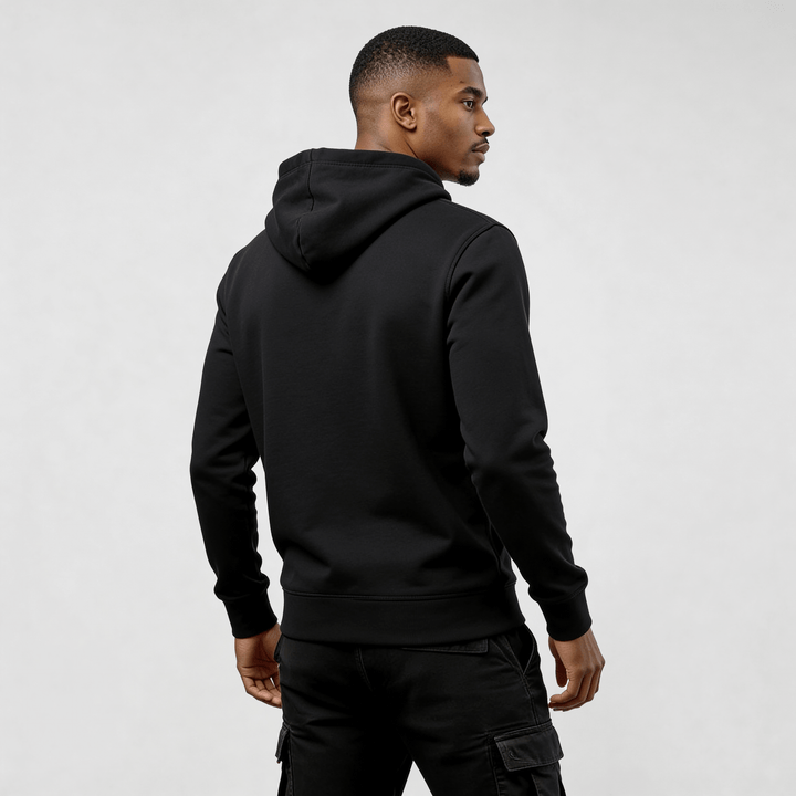 Alt Tag: streetwear hoodie Iconic Streetwear Hoodie DR615 by MEXESS, black men’s regular-fit midweight pullover, back view