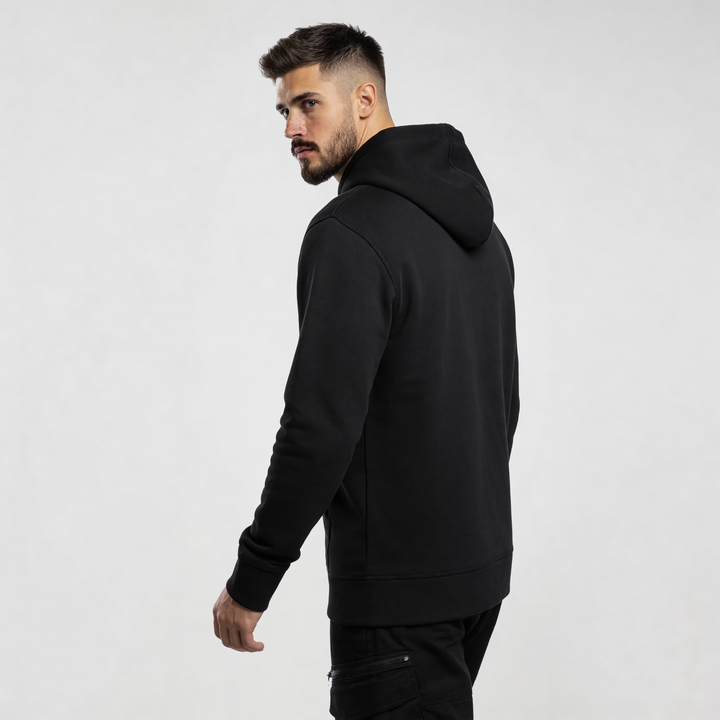 Model wearing Iconic Streetwear Hoodie DR673 showcasing urban style and minimalism in premium streetwear hoodie fashion.