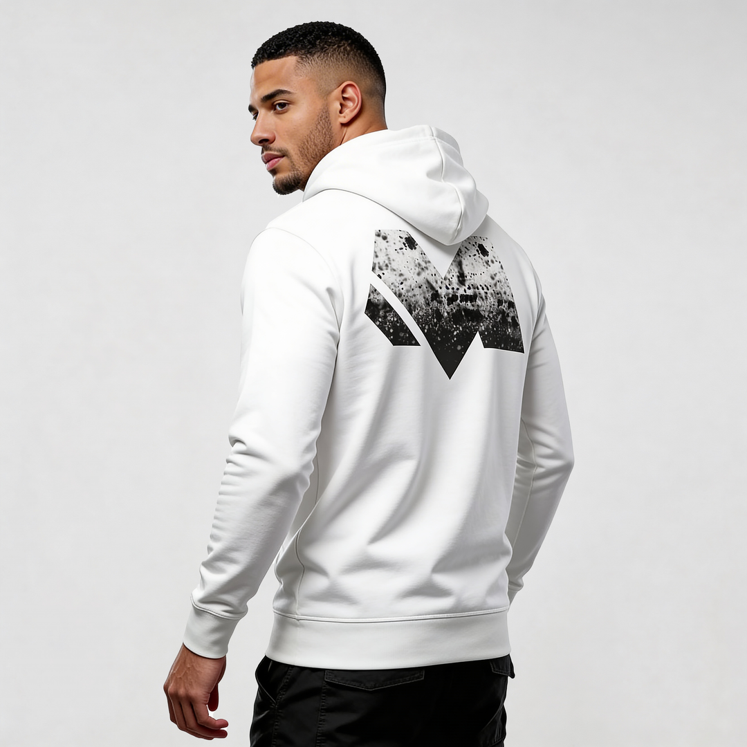 Alt Tag: streetwear hoodie Iconic Streetwear Hoodie DR672 in white, back view with hood up and bold black graphic print