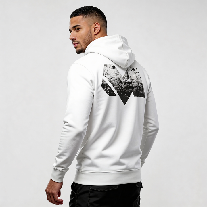 Alt Tag: streetwear hoodie Iconic Streetwear Hoodie DR672 in white, back view with hood up and bold black graphic print