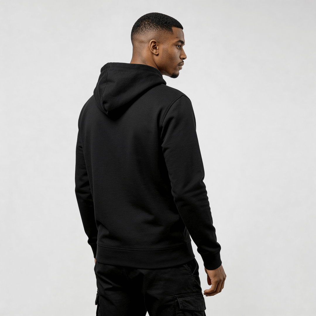 streetwear hoodie Core Streetwear Hoodie DR006 black mens regular fit midweight pullover with hood, back view