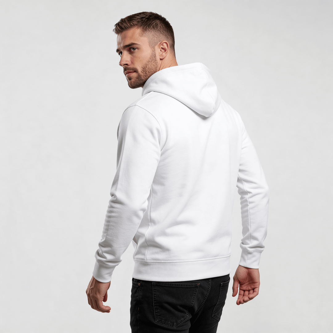 streetwear hoodie Iconic Streetwear Hoodie DR592 white pullover back view with hood, regular fit urban minimalism